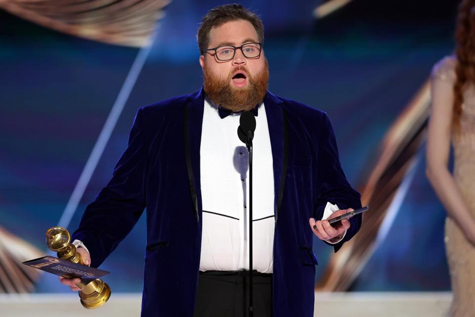 Paul Walter Hauser accepts the Best Performance in a Limited or Anthology Series or Television Film award for "Black Bird" onstage at the 80th Annual Golden Globe Awards held at the Beverly Hilton Hotel on January 10, 2023 in Beverly Hills, California.