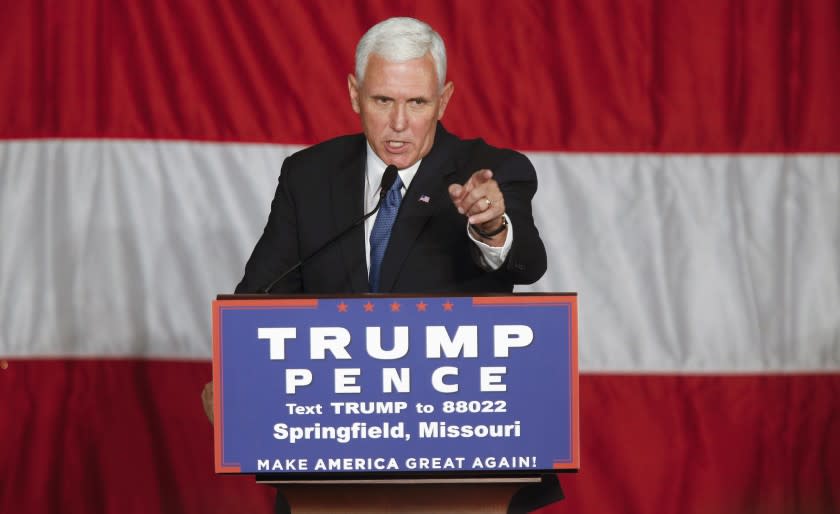 Republican vice presidential candidate Mike Pence speaks during a town hall meeting at the Springfield Exposition Center in Springfield, Mo., on Tuesday, Sept. 6, 2016. (Andrew Jansen/The Springfield News-Leader via AP)