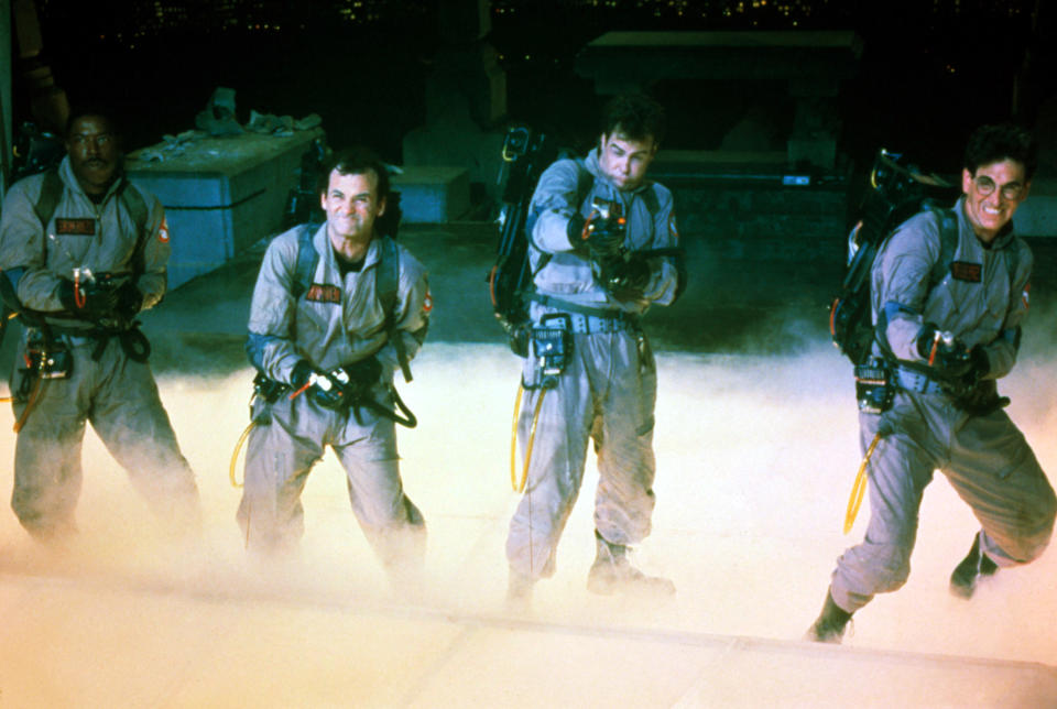 From l to r: Hudson, Bill Murray, Dan Aykroyd and Harold Ramis in the climax of the comedy favorite, Ghostbusters. (Photo: ©Columbia Pictures/Courtesy Everett Collection)