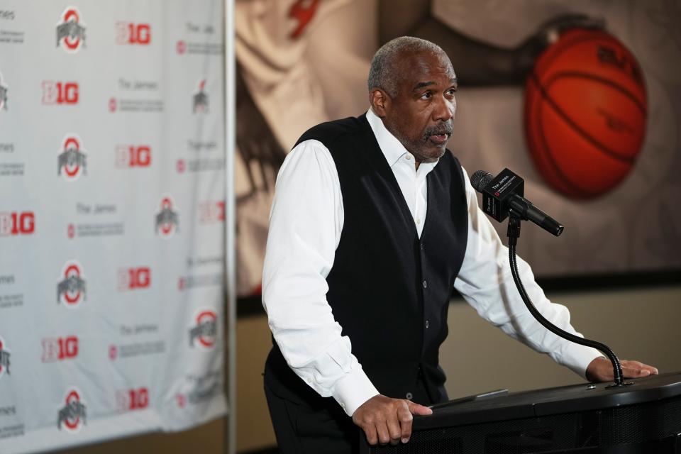 Feb 14, 2024; Columbus, Ohio, USA; Ohio State University athletic director Gene Smith speaks to reporters about the firing of men’s basketball coach Chris Holtmann at Value City Arena.