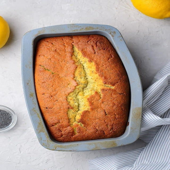 A loaf of bread in a baking pan.