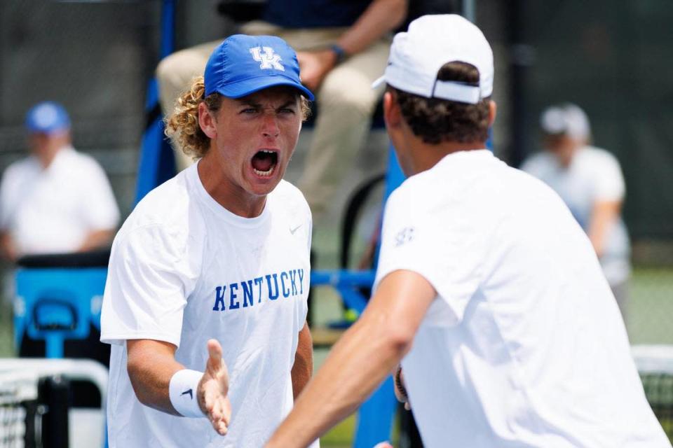 Kentucky&#x002019;s Liam Draxl celebrates winning a point in his doubles match against Wake Forest on Saturday.