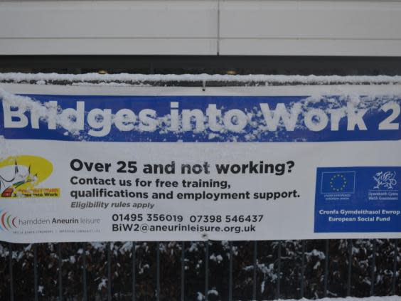A sign of Blaenau Gwent’s enduring problems or the EU’s efforts to address them? The banner outside the new sports centre, on the site of the old steelworks site (Adam Lusher)