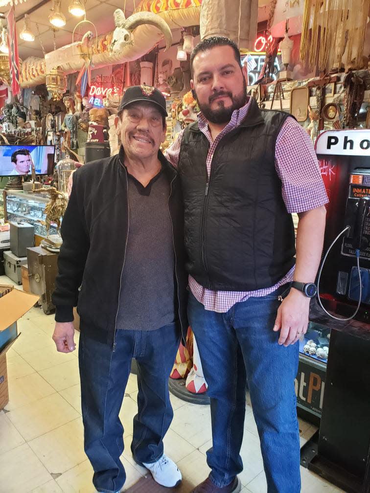 Actor Danny Trejo visited Dave's A Pawn Shop in Downtown El Paso. He was wearing a black El Paso Chihuahuas hat.