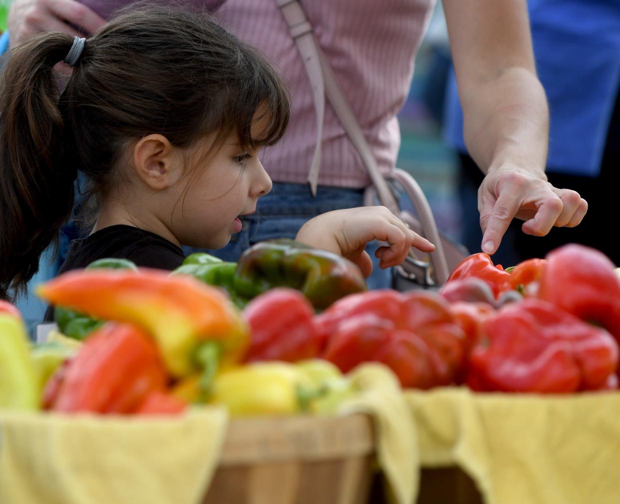 Aria Papadopoulos, 4, of Louisville picks out a pepper from May's Produce of Randolph at the Canton Farmers Market.