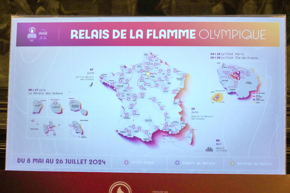 A map is shown on a giant video screen during the unveiling of the route for the Paris 2024 Olympic Torch relay at Sorbonne University in Paris, Friday, June 23, 2023. The route of the Torch is expected to take in more than 60 departments across France as it is carried for three months in the lead-up to the July Olympics in Paris. (AP Photo/Christophe Ena)