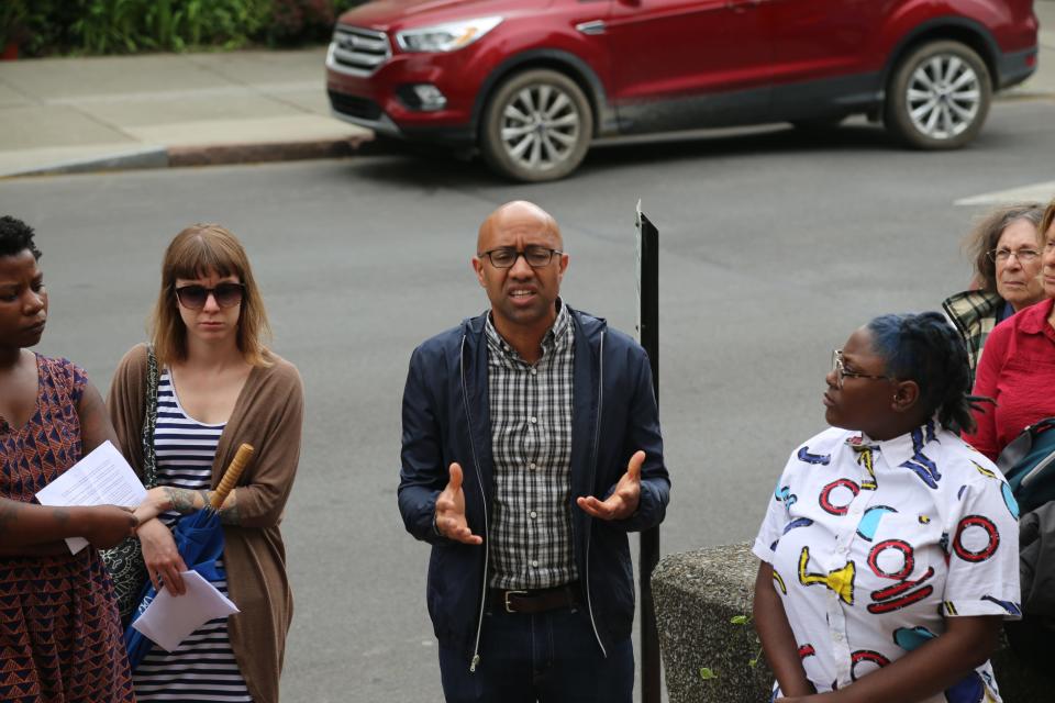 Russell Rickford speaks to a crowd of people who gathered to support Rose DeGroat in 2019 file photo.