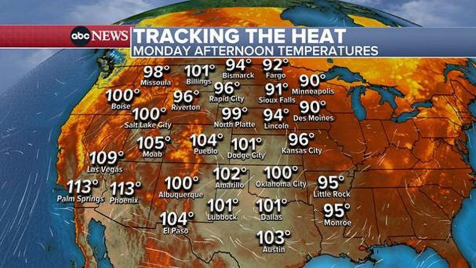 PHOTO: The latest weather forecast for the United States shows scorching temperatures will linger in the Southwest while intensifying in the Midwest during the week of July 24, 2023. (ABC News)