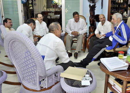 (R-L) Cuba's former President Fidel Castro talks to Gerardo Hernandez, Ramon Labanino, Alejandro Castro Espin, who is the son of Cuba's President Raul Castro, Fernando Gonzalez, Rene Gonzalez and Antonio Guerrero in Havana in this February 28, 2015 file picture provided by Estudios Revolucion. REUTERS/Estudios Revolucion/AIN Handout via Reuters/Files