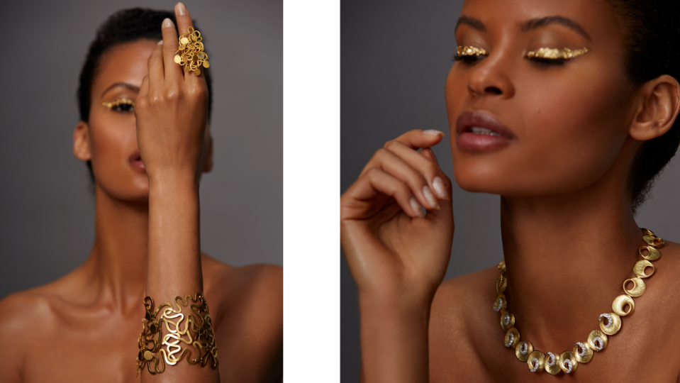 E.R. Nele Ring and Bracelet from Mahnaz Collection; Vendorafa Onda Necklace - Credit: David Dunan for Robb Report