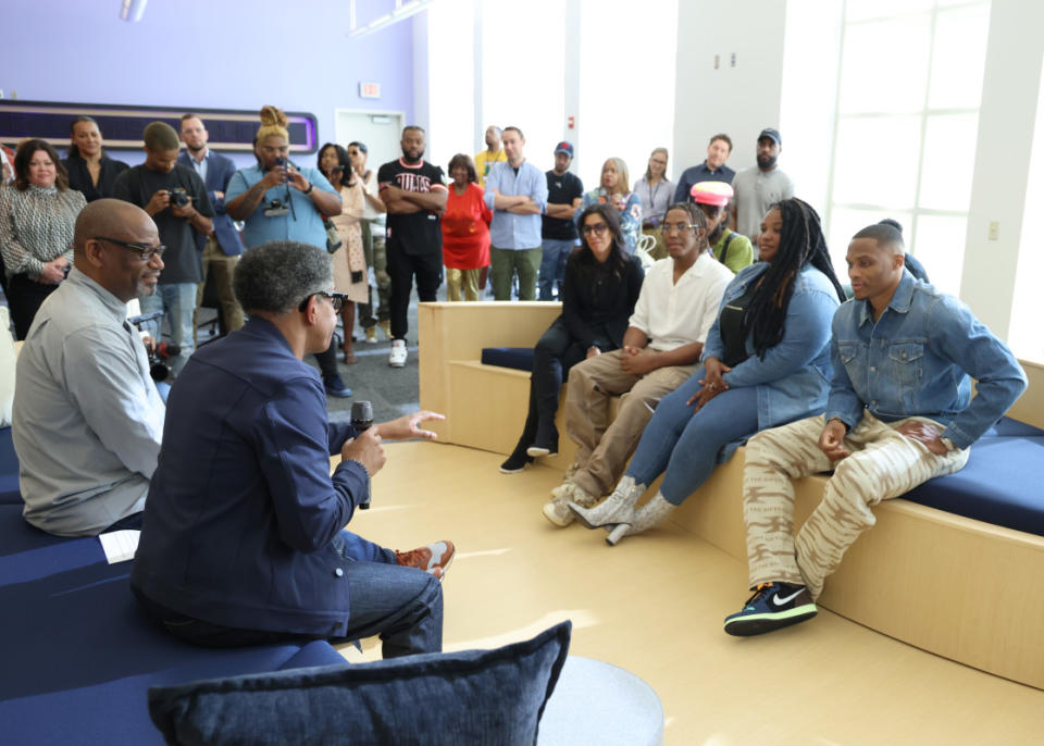 NBA All-Star Russell Westbrook joins Pensole Lewis College students while celebrating the student-designed Pepsi x Frito-Lay Refresh and Relax Lounge.<p>Photo: Scott Legato/Getty Images</p>
