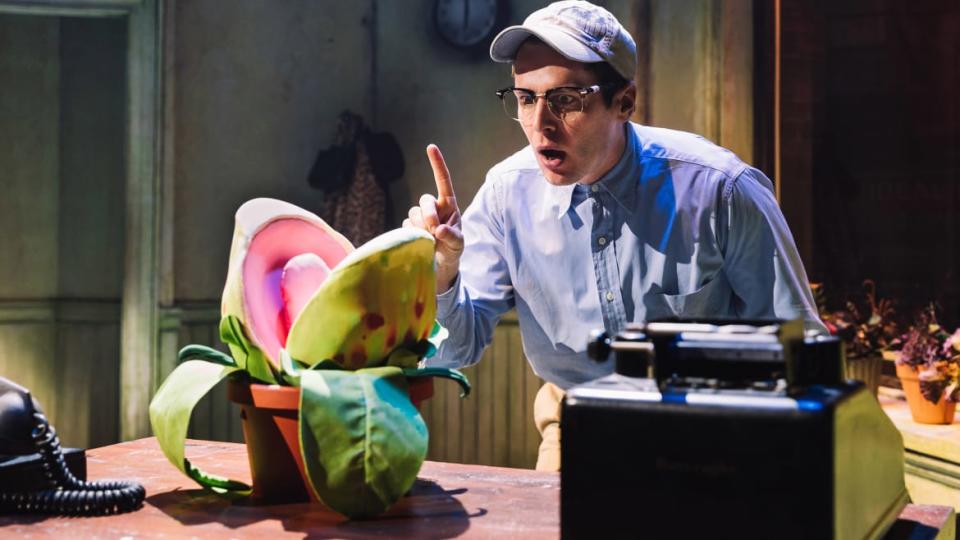 <div class="inline-image__caption"><p>Jonathan Groff as Seymour and Audrey II in 'Little Shop of Horrors'</p></div> <div class="inline-image__credit">Emilio Madrid</div>