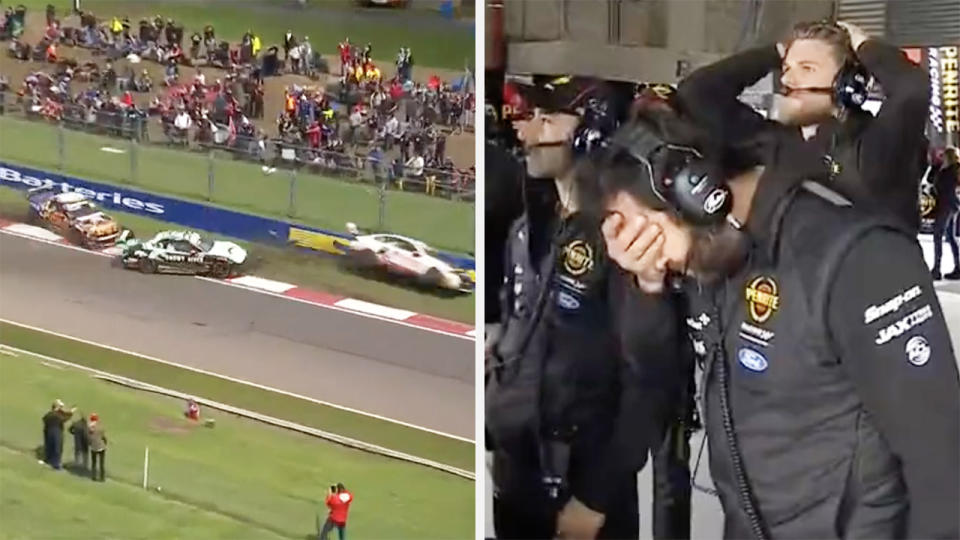 The Bathurst 1000 crash between Zane Goddard, Matt Campbell and Dale Wood is pictured left, with Campbell's pitcrew reacting on the right.