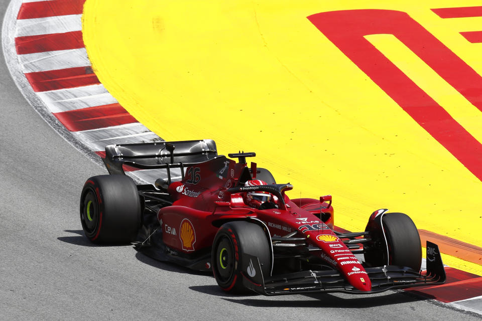 Ferrari driver Charles Leclerc of Monaco steers his car during the Spanish Formula One Grand Prix at the Barcelona Catalunya racetrack in Montmelo, Spain, Sunday, May 22, 2022. (AP Photo/Joan Monfort)