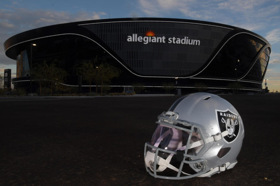 Dec 26, 2020; Paradise, Nevada, USA; A general view of a Las Vegas Raiders helmet outside of Allegiant Stadium before the game against the Miami Dolphins. Mandatory Credit: Kirby Lee-USA TODAY Sports