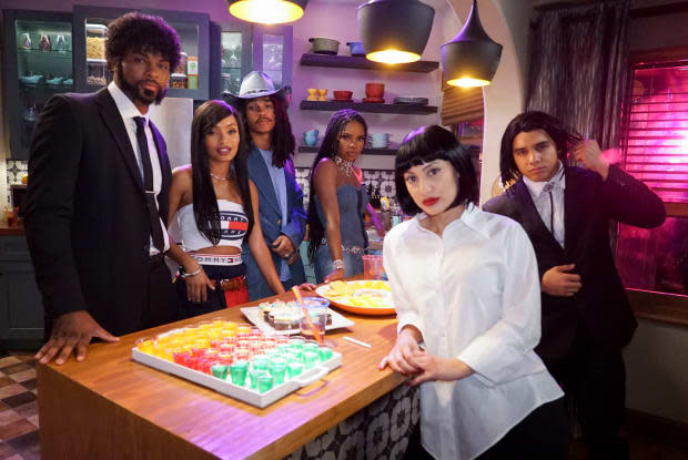 (L–R): Aaron (Trevor Jackson), Zoey (Yara Shahidi), Luca (Lukka Sabbat), Jillian (Ryan Destiny), Ana (Francia Raisa) and Vivek (Jordan Buhat) on the mid-season finale of 'grown-ish.'