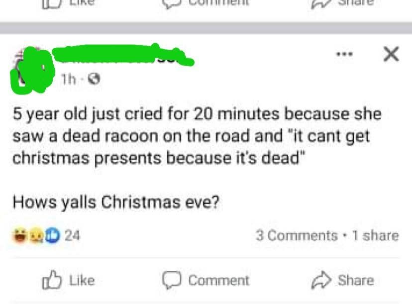 Kid cries on Christmas Eve because a dead raccoon she saw in the road can't celebrate Christmas