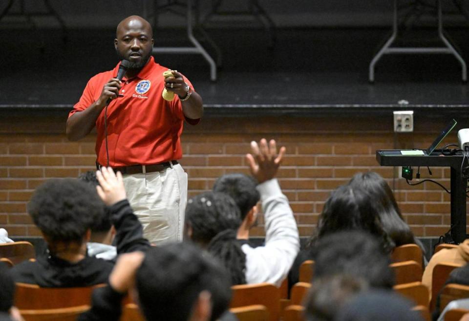Mark A. Dupree, Wyandotte County District Attorney, spoke to the sophomore students on the dangers of fentanyl during a presentation at Wyandotte High School on Tuesday, Nov. 7, 2023, in Kansas City, Kansas. Kansas City, Kansas, has had 42 fatal fentanyl overdoses thus far in 2023.