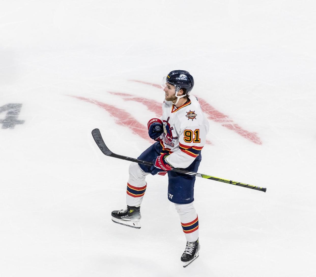 Peoria Rivermen center Alec Baer celebrates his game-tying goal during Peoria's 3-2 loss to Huntsville in Game 1 of the SPHL President's Cup Finals at Propst Arena in Huntsville, Ala., on Thursday, April 25, 2024.