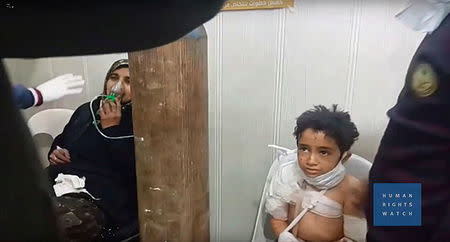 A still image from an undated video provided to Reuters on February 13, 2017, by Human Rights Watch claiming to show people treated in Aleppo, Syria, following a gas attack. Courtesy of Human Rights Watch/Handout via REUTERS