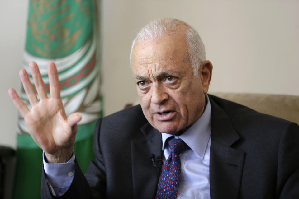 Arab League Secretary-General Nabil Elaraby speaks during an interview with the Associated Press, in Cairo, Egypt, Thursday, April 10, 2014. The head of the Arab League said Thursday he is confident that Israel and the Palestinians soon will resolve a crisis over the release of long-held Palestinian prisoners and extend their U.S.-brokered peace talks beyond an April deadline. Elaraby told The Associated Press that the April 29 deadline would be extended “for months” and rejected the idea that the talks have failed to make progress. (AP Photo/Hassan Ammar)