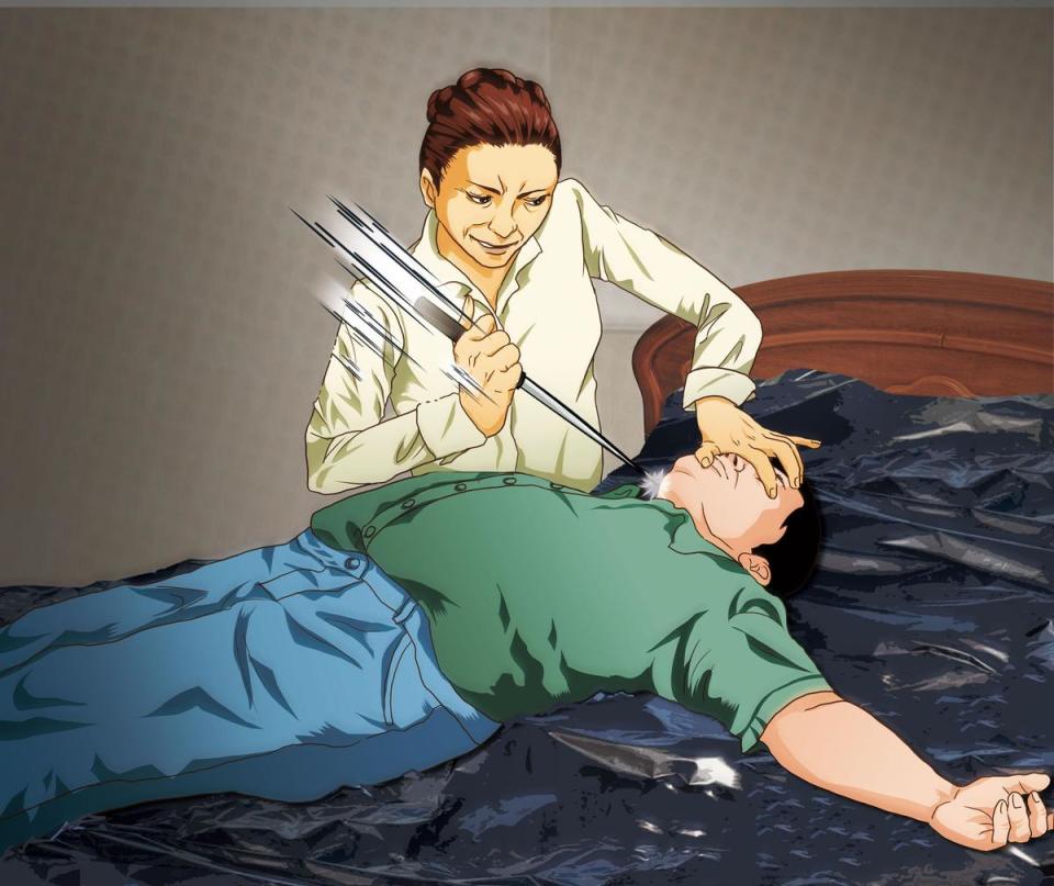 黃靖雯等男友昏迷後，便將他放在鋪了塑膠布的床上，利刃封喉，殺害藍坤俞。