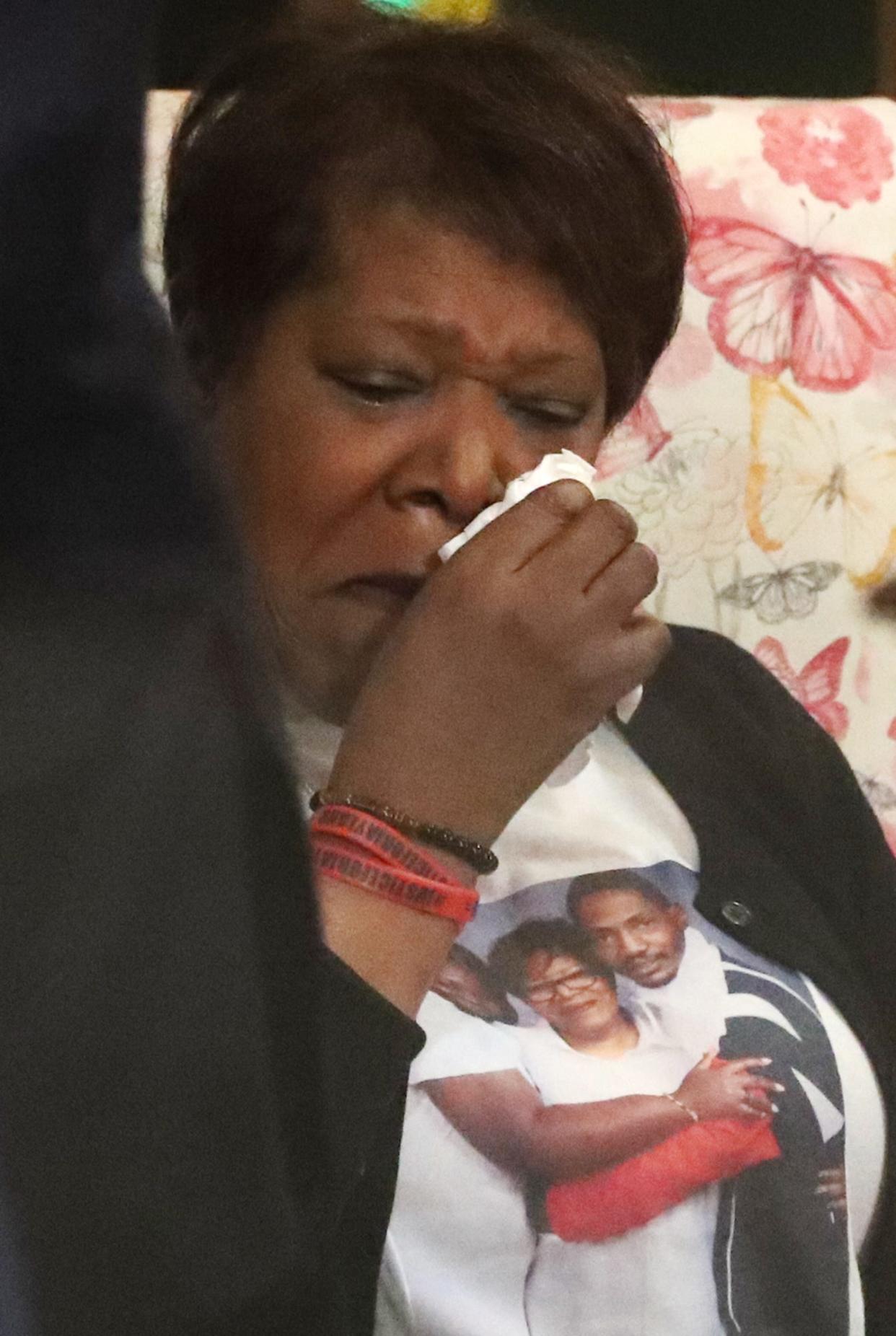 Pamela Walker, mother of Jayland Walker, wipes away tears during a news conference Monday at St. Ashworth Temple Church of God in Christ after Attorney General Dave Yost announced the Akron officers who fatally shot Jayland won't face criminal charges.