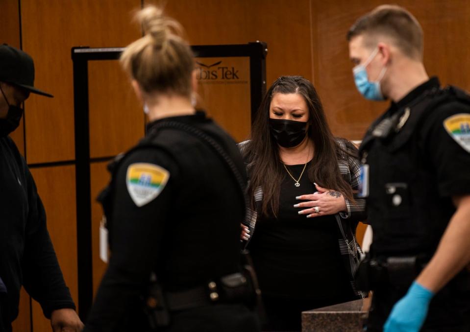 Daunte Wright’s mother Katie Wright at the court building in Minneapolis before making her victim impact statement in the sentencing of Kim Potter (Getty Images)