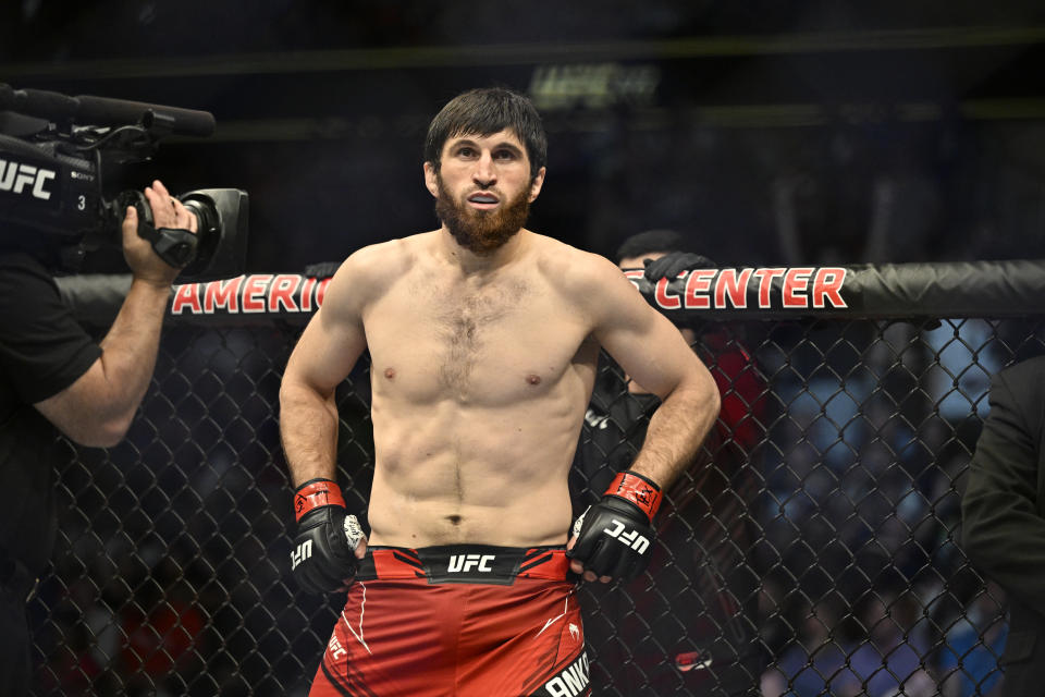 Jul 30, 2022; Dallas, TX, USA; Magomed Ankalaev (red gloves) before a fight with Anthony Smith (not pictured) in a light heavyweight bout during UFC 277 at the American Airlines Center. Mandatory Credit: Jerome Miron-USA TODAY Sports