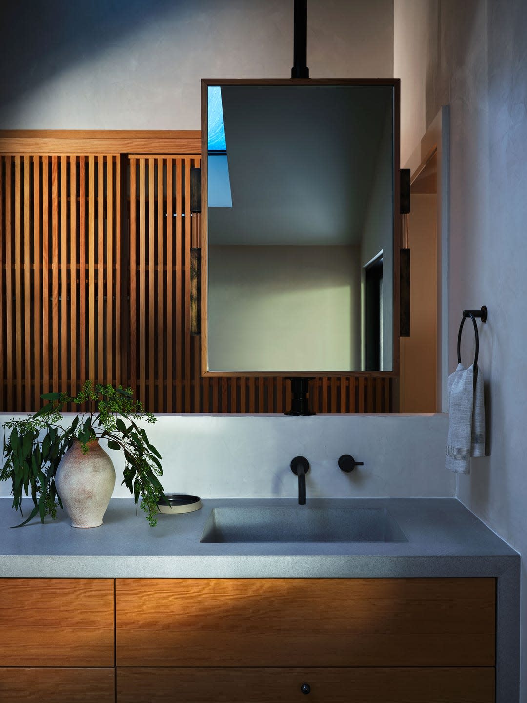 sara oswalt tahoe house bathroom with wood fixtures, a simple streamlined design, and a plant on the countertop