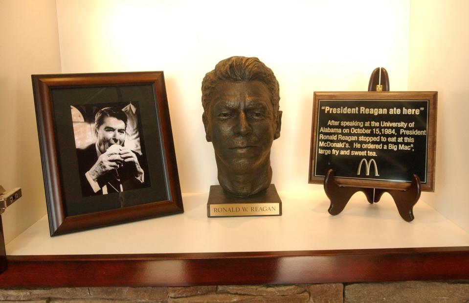 A display of President Ronald Reagan's Oct. 15, 1984, visit is shown inside the Northport McDonald's.