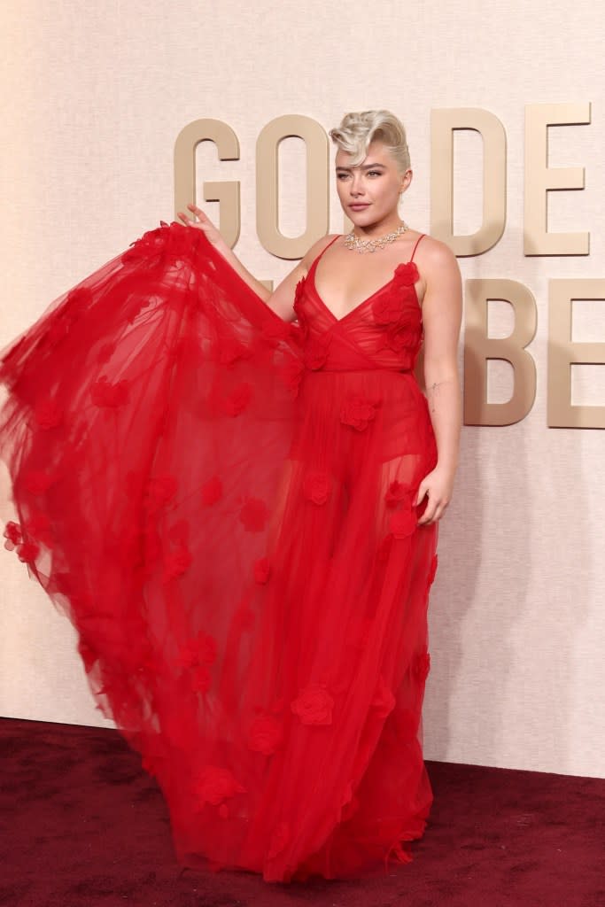 Florence Pugh attends the 81st Annual Golden Globe Awards at The Beverly Hilton on January 07, 2024 in Beverly Hills, California.