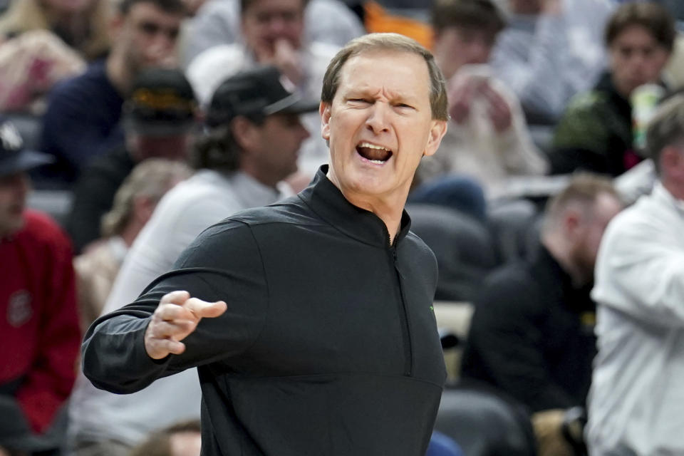 Oregon head coach Dana Altman calls out to his team during the first half of a college basketball game against South Carolina in the first round of the NCAA men's tournament Thursday, March 21, 2024, in Pittsburgh. (AP Photo/Matt Freed)