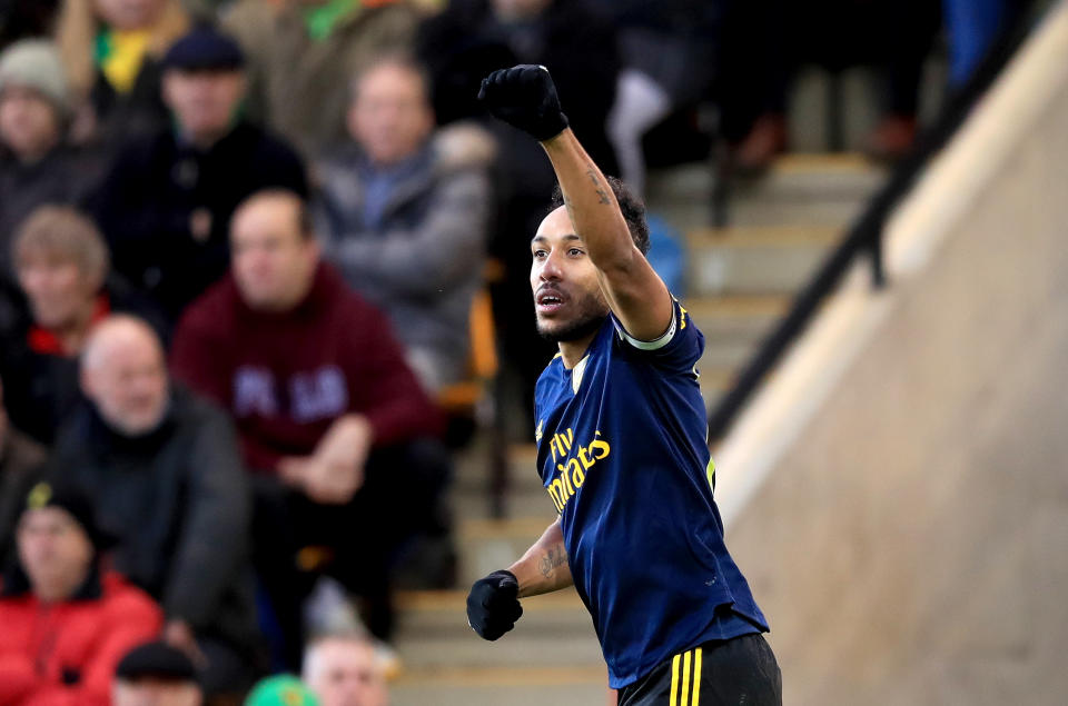 Arsenal's Pierre-Emerick Aubameyang celebrates scoring his sides second goal. (Credit: Getty Images)