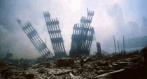 <p>The remains of the World Trade Center on Sept. 11, 2001, and the National September 11 Memorial & Museum are seen from West Street on Sept. 5, 2018. (Photos: Alexandre Fuchs/AP – Gordon Donovan/Yahoo News) </p>