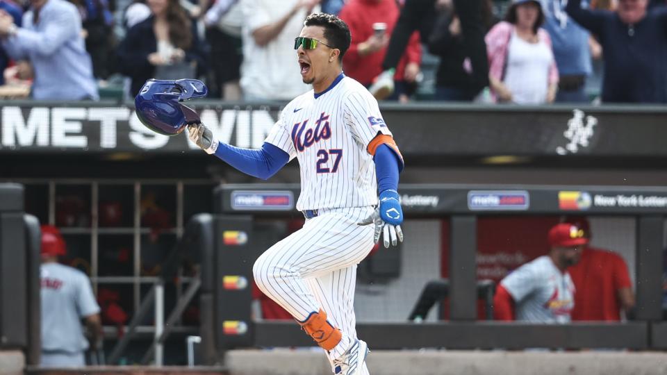 Apr 28, 2024; New York City, New York, USA; New York Mets third baseman Mark Vientos (27) celebrates after hitting a game wining two run home run in the bottom of the 11th inning to defeat the St. Louis Cardinals 4-2 at Citi Field. Mandatory Credit: Wendell Cruz-USA TODAY Sports