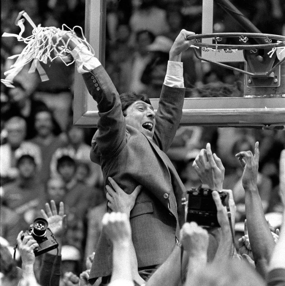 NC State’s Jim Valvano celebrates after the Wolfpack defeated Houston to win the national championship on April 5, 1983.