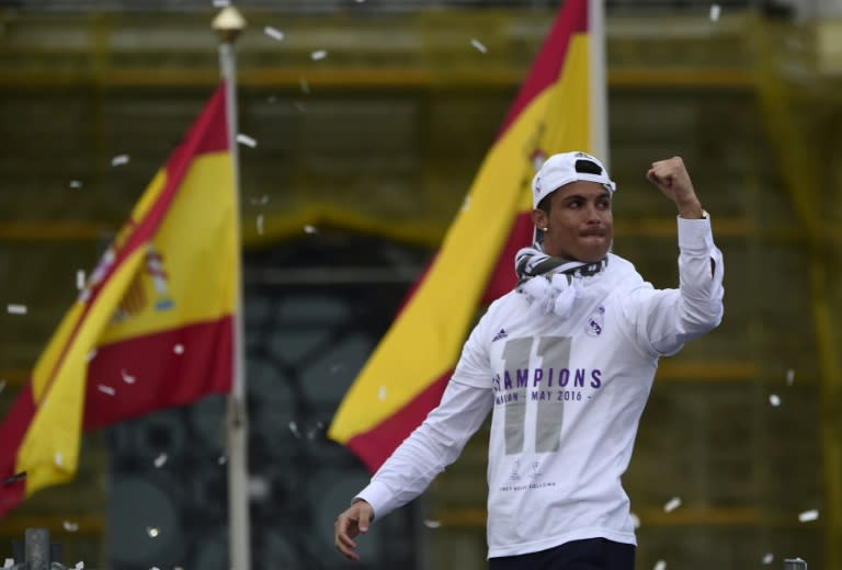 Real Madrid's Cristiano Ronaldo celebrates the team's UEFA Champions League win on Plaza Cibeles in Madrid on May 29, 2016