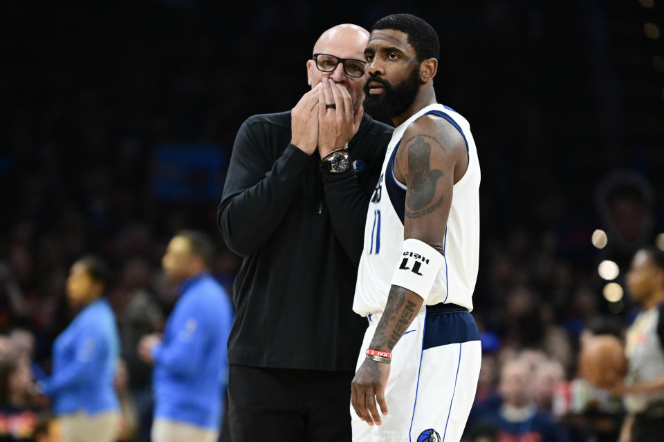 OKLAHOMA CITY, OKLAHOMA - MAY 15: Head coach Jason Kidd of the Dallas Mavericks talks with Kyrie Irving #11 during the second quarter against the Oklahoma City Thunder in Game Five of the Western Conference Second Round Playoffs at Paycom Center on May 15, 2024 in Oklahoma City, Oklahoma. NOTE TO USER: User expressly acknowledges and agrees that, by downloading and or using this photograph, User is consenting to the terms and conditions of the Getty Images License Agreement. (Photo by Joshua Gateley/Getty Images)