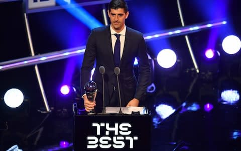 Belgium's goalkeeper Thibaut Courtois speaks after winning the trophy for the Best FIFA goalkeeper of 2018 Award - Credit: Ben Stansall/Getty Images