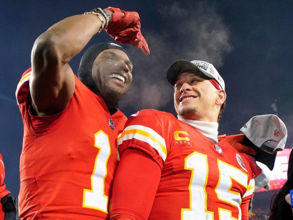 Marquez Valdes-Scantling (left) and Patrick Mahomes celebrate the Kansas City Chiefs' 2022 AFC Championship win.