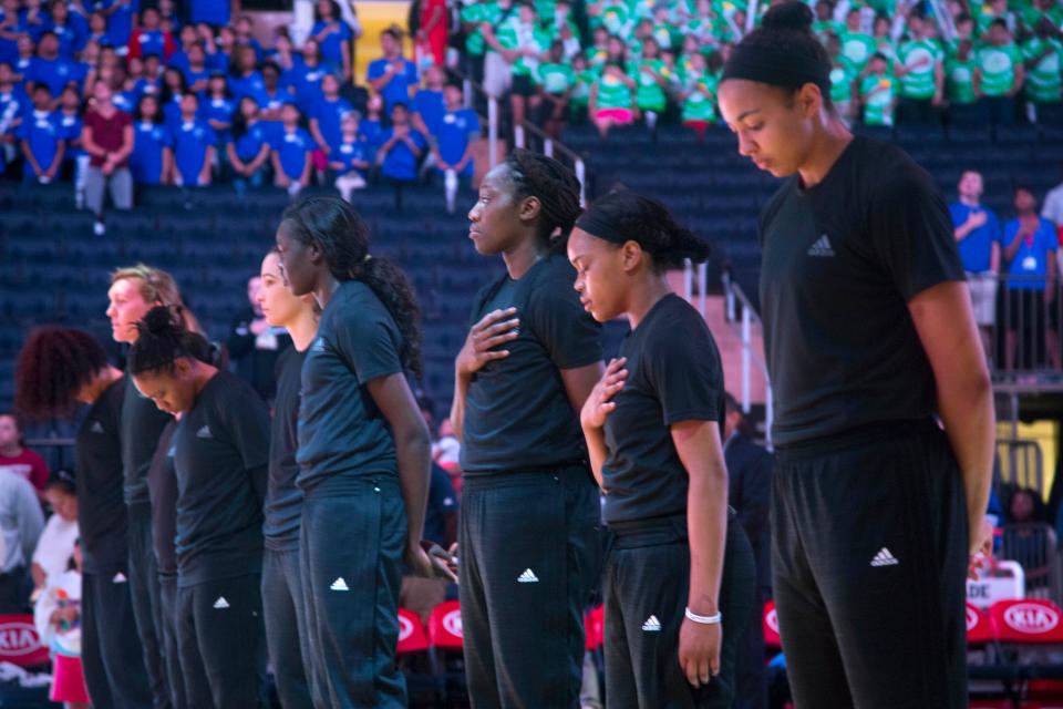 New York Liberty players wearing all-black warmups, in 2016, to show support for the Black Lives Matter movement. The WNBA has long been a leader in fighting for social justice issues.