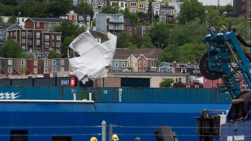 Debris from the Titan submersible, recovered from the ocean floor near the wreck of the Titanic, is unloaded from the ship Horizon Arctic at the Canadian Coast Guard pier in St. John's, Newfoundland on Wednesday, June 28, 2023.