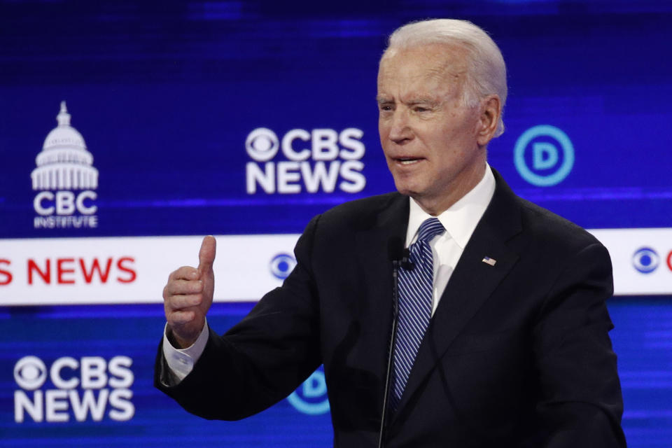 Democratic presidential candidate former Vice President Joe Biden participates in a Democratic presidential primary debate at the Gaillard Center, Tuesday, Feb. 25, 2020, in Charleston, S.C., co-hosted by CBS News and the Congressional Black Caucus Institute. (AP Photo/Patrick Semansky)