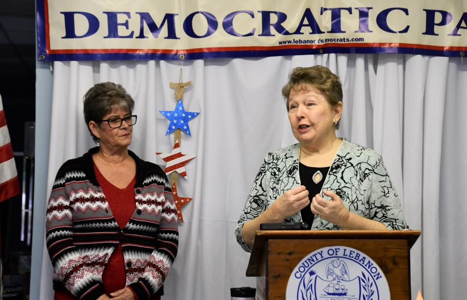 Incumbent Jo Ellen Litz, right, and former educator Cindy Barry Dubbs, left, both Democrats, announce their candidacy for county commissioner at a press conference Tuesday at the Lebanon County Democratic Headquarters.