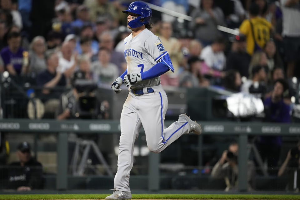 Kansas City Royals' Bobby Witt Jr. runs the bases after hitting a solo home run off Colorado Rockies relief pitcher Ashton Goudeau during the seventh inning of a baseball game Saturday, May 14, 2022, in Denver. (AP Photo/David Zalubowski)