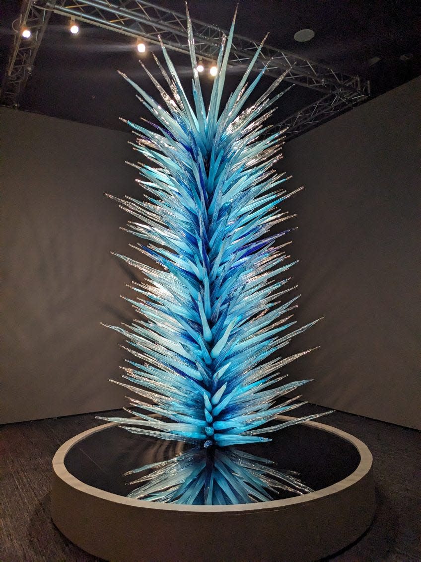 Artist Dale Chihuly's Royal Blue Icicle Tower (2015) is a part of the "Chihuly at Biltmore" exhibition, running through Jan. 5, 2025, at Amherst at Deerpark on Biltmore Estate.