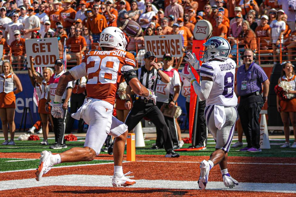 Kansas State wide receiver Phillip Brooks (8) makes a catch for a touchdown against the Texas Longhorns during the game at Royal-Memorial Stadium on Saturday, Nov. 4, 2023 in Austin.