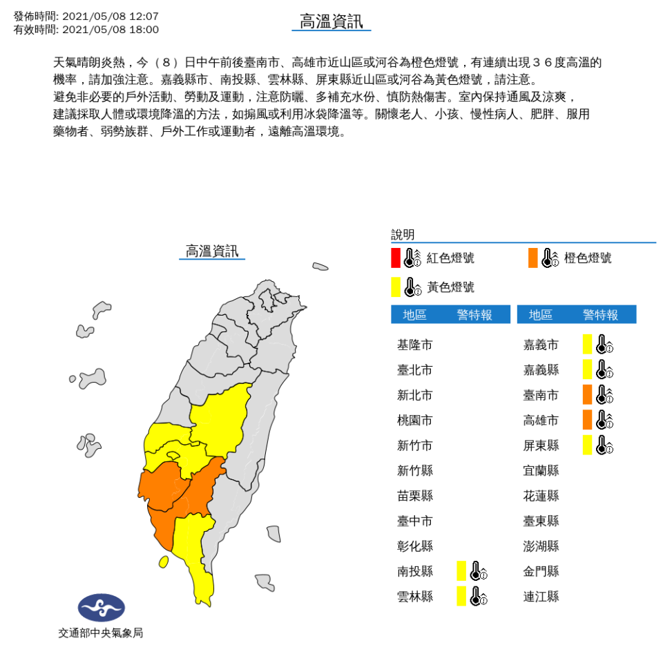 天氣晴朗炎熱，中央氣象局今天針對南部7縣市發出高溫燈號，有出現攝氏36度以上高溫機率，提醒民眾注意防曬。（圖取自氣象局）