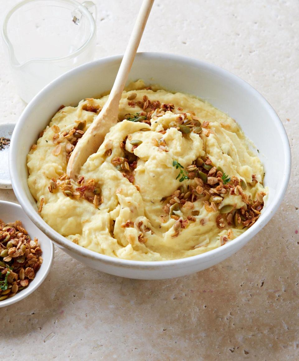 This holiday recipe will widen your view on granola. Oats and pumpkin seeds go savory instead of sweet when flavored with cheese and Worcestershire sauce, then sprinkled on top of mashed potatoes.